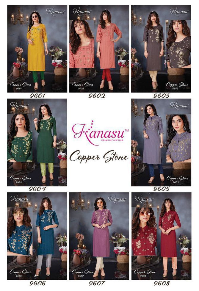 Kanasu Copper Stone Heavy Rayon Fancy Wear Kurti With Bottom Collection